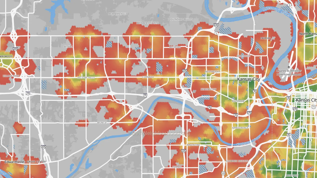 Walk Grade map of Kansas City, KS, walkable areas in green and car-dependent areas in red