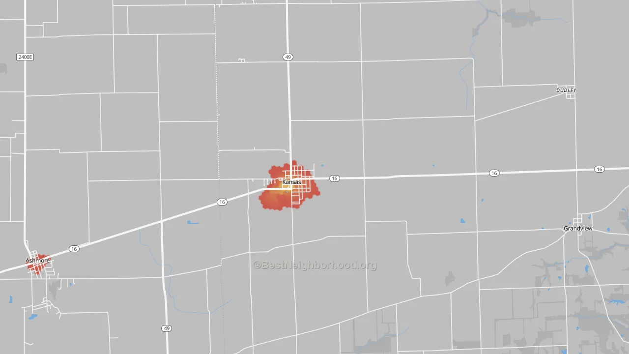 Walk Grade map of Kansas, IL, walkable areas in green and car-dependent areas in red