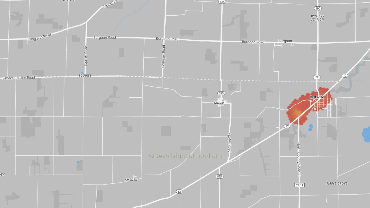 Walk Grade map of Kansas, OH, walkable areas in green and car-dependent areas in red