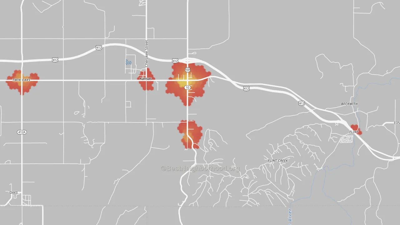 Walk Grade map of Kansas, OK, walkable areas in green and car-dependent areas in red