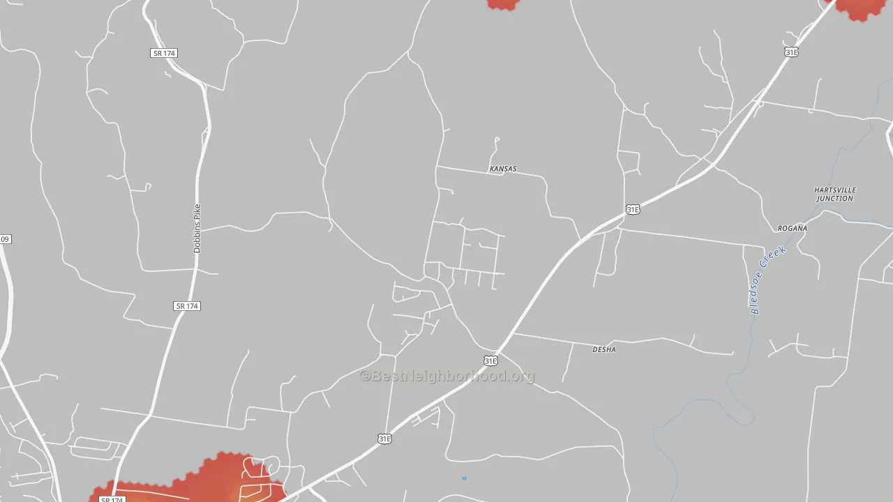 Walk Grade map of Kansas, TN, walkable areas in green and car-dependent areas in red