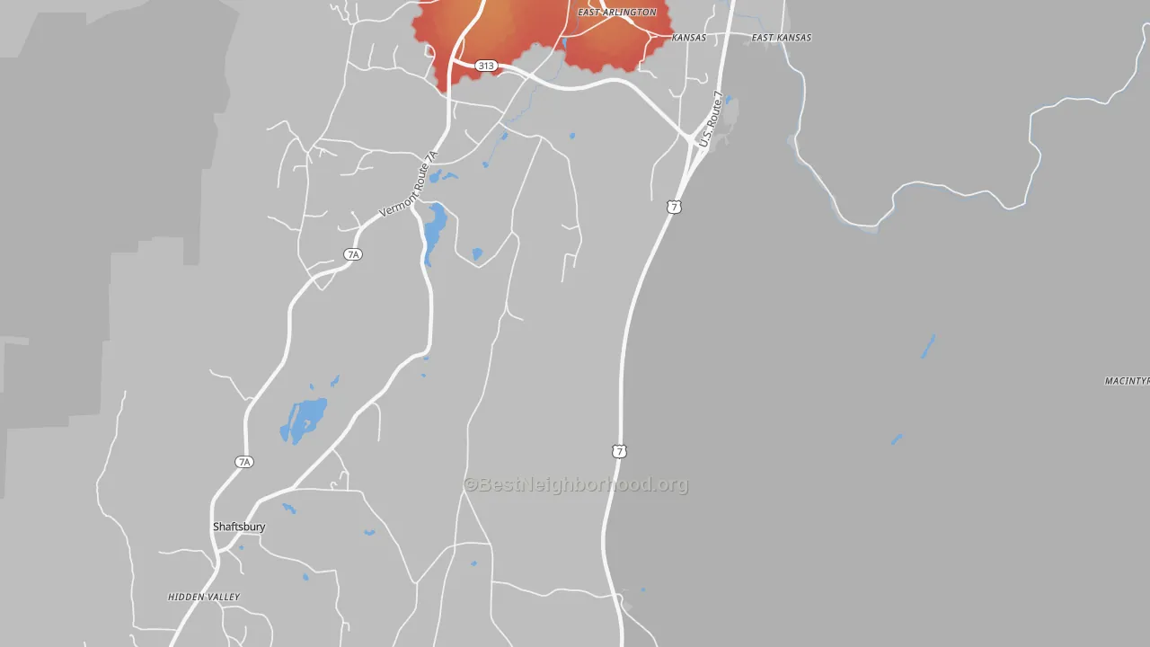 Walk Grade map of Kansas, VT, walkable areas in green and car-dependent areas in red