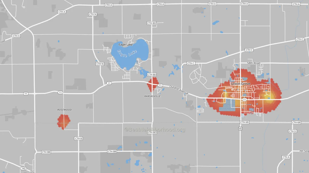 Walk Grade map of Kansasville, WI, walkable areas in green and car-dependent areas in red