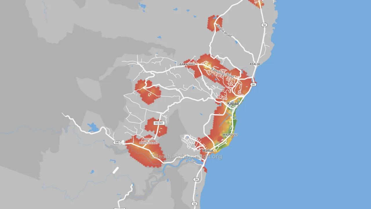 Walk Grade map of Kapaa, HI, walkable areas in green and car-dependent areas in red