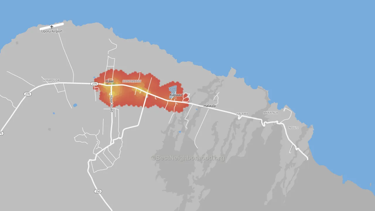 Walk Grade map of Kapaau, HI, walkable areas in green and car-dependent areas in red