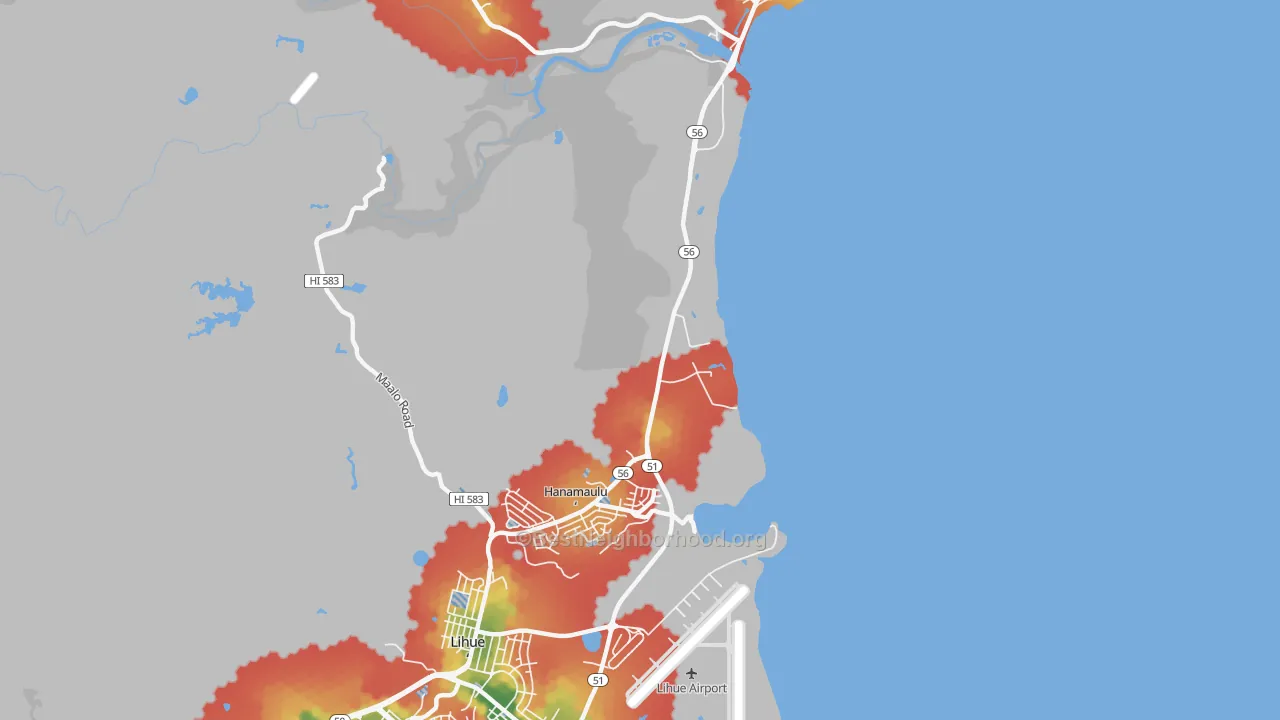 Walk Grade map of Kapaia, HI, walkable areas in green and car-dependent areas in red