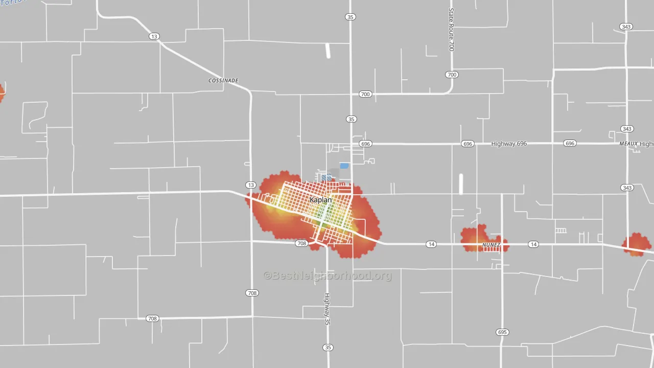 Walk Grade map of Kaplan, LA, walkable areas in green and car-dependent areas in red