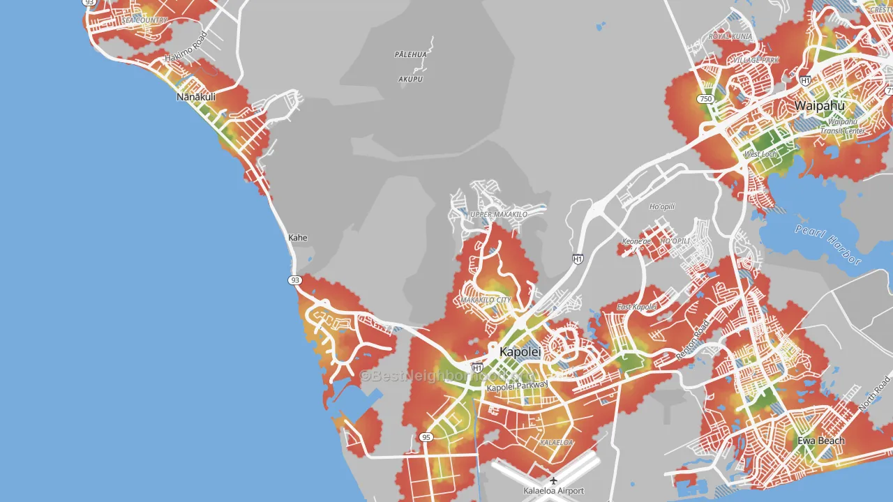 Walk Grade map of Kapolei, HI, walkable areas in green and car-dependent areas in red