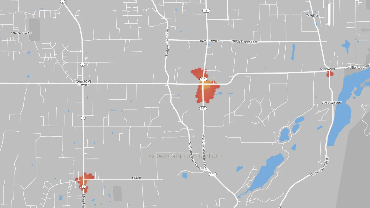 Walk Grade map of Kapowsin, WA, walkable areas in green and car-dependent areas in red