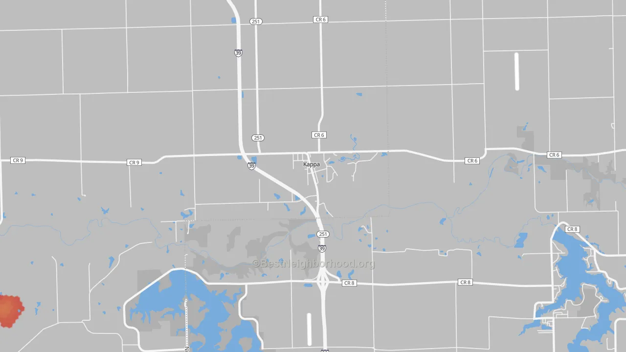 Walk Grade map of Kappa, IL, walkable areas in green and car-dependent areas in red
