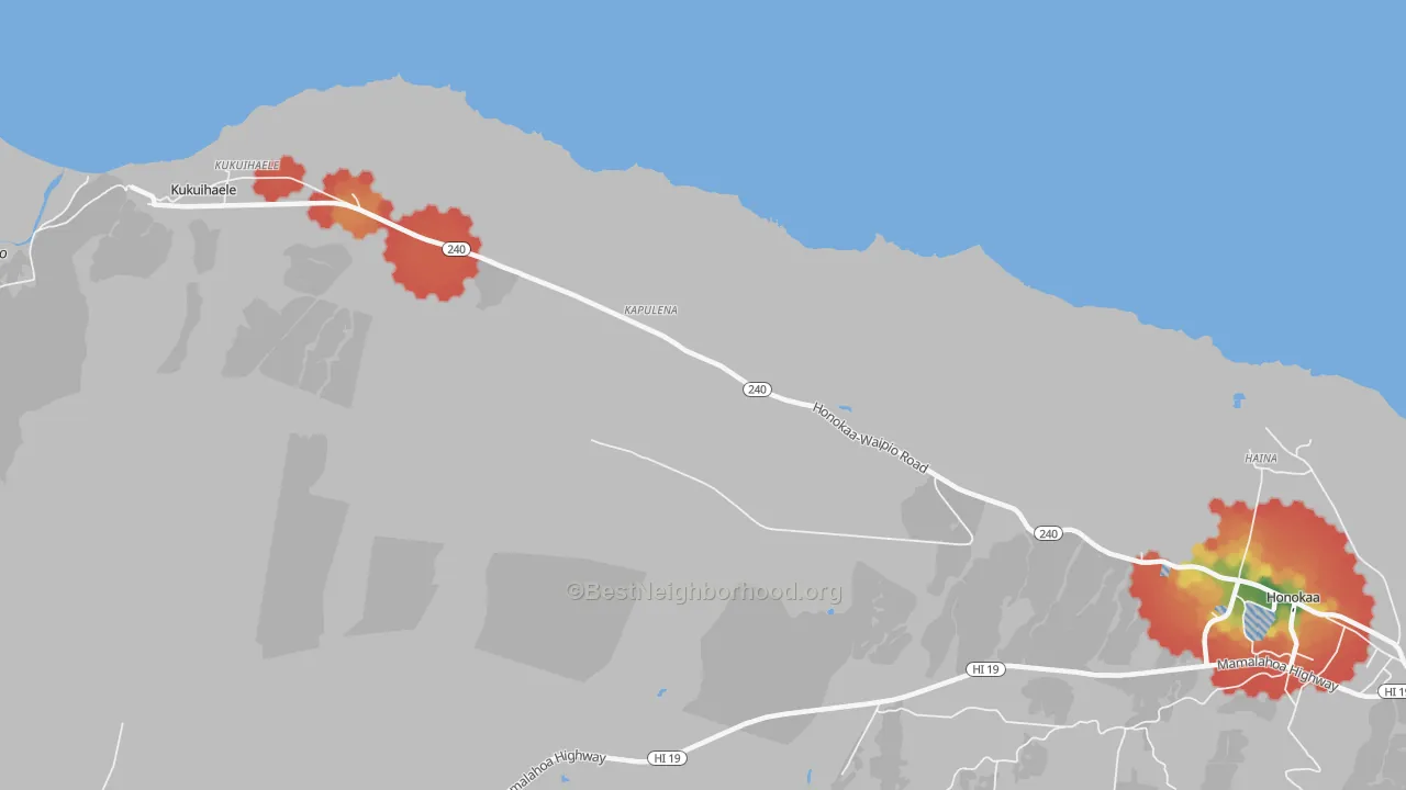 Walk Grade map of Kapulena, HI, walkable areas in green and car-dependent areas in red