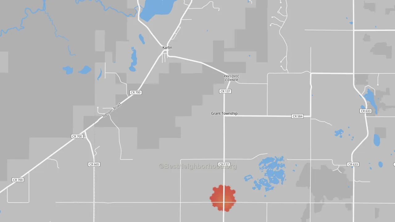 Walk Grade map of Karlin, MI, walkable areas in green and car-dependent areas in red