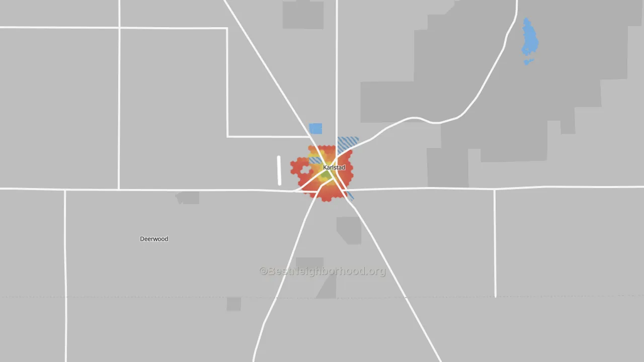 Walk Grade map of Karlstad, MN, walkable areas in green and car-dependent areas in red