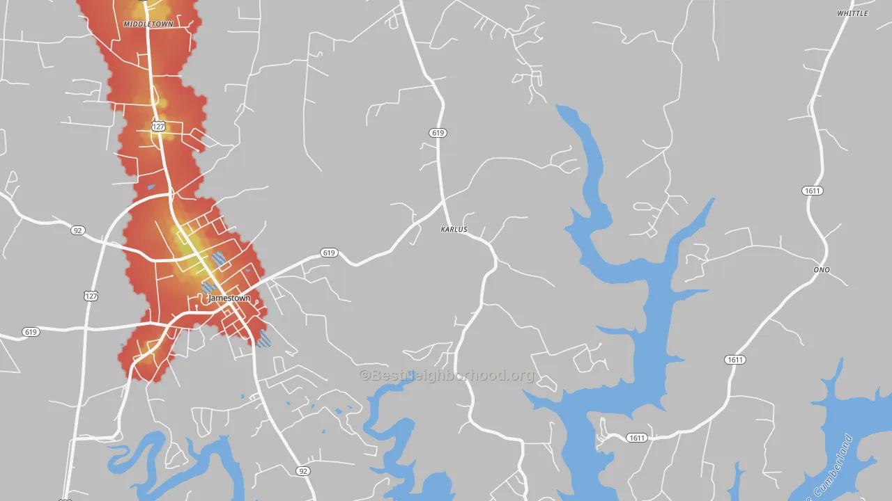 Walk Grade map of Karlus, KY, walkable areas in green and car-dependent areas in red