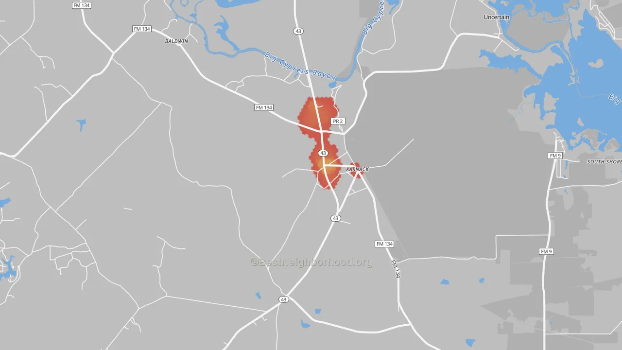 Walk Grade map of Karnack, TX, walkable areas in green and car-dependent areas in red