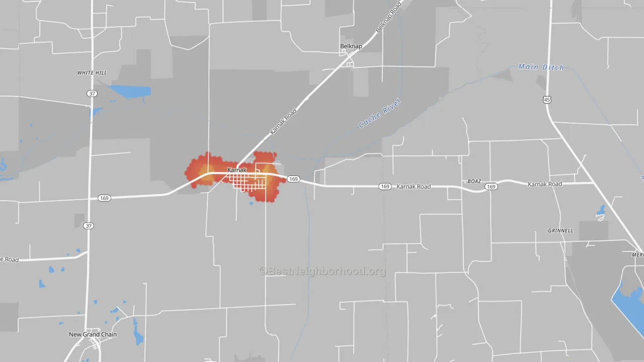 Walk Grade map of Karnak, IL, walkable areas in green and car-dependent areas in red