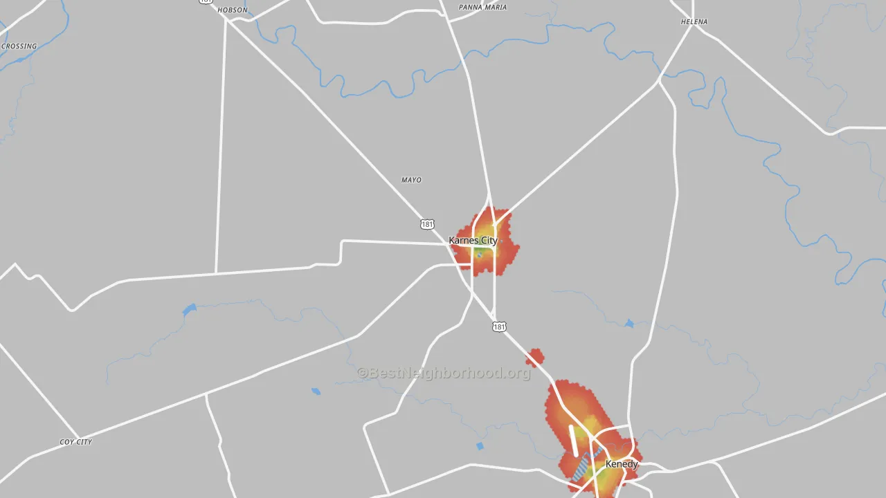 Walk Grade map of Karnes City, TX, walkable areas in green and car-dependent areas in red