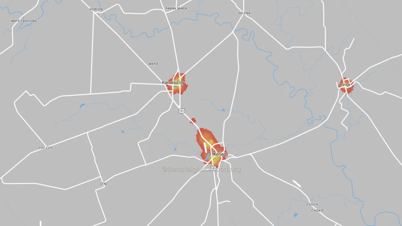 Walk Grade map of Karnes County, TX, walkable areas in green and car-dependent areas in red