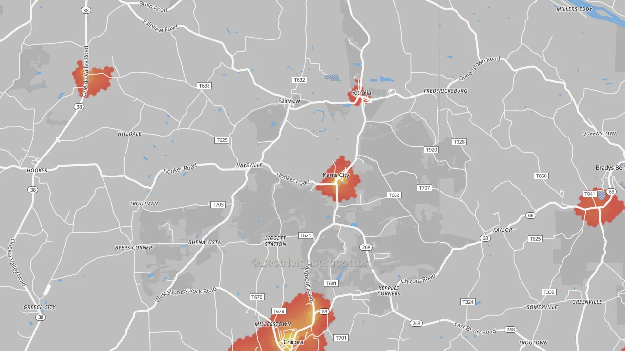 Walk Grade map of Karns City, PA, walkable areas in green and car-dependent areas in red