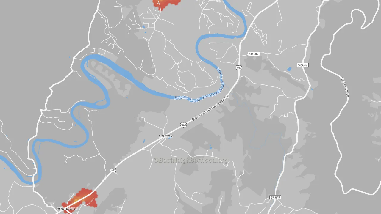 Walk Grade map of Karo, VA, walkable areas in green and car-dependent areas in red