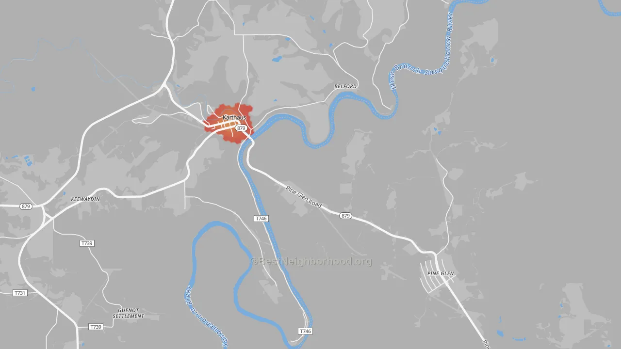 Walk Grade map of Karthaus, PA, walkable areas in green and car-dependent areas in red