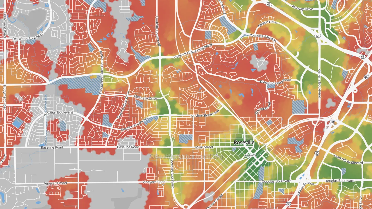 Walk Grade map of Kaseberg-Kingswood, Roseville, CA, walkable areas in green and car-dependent areas in red