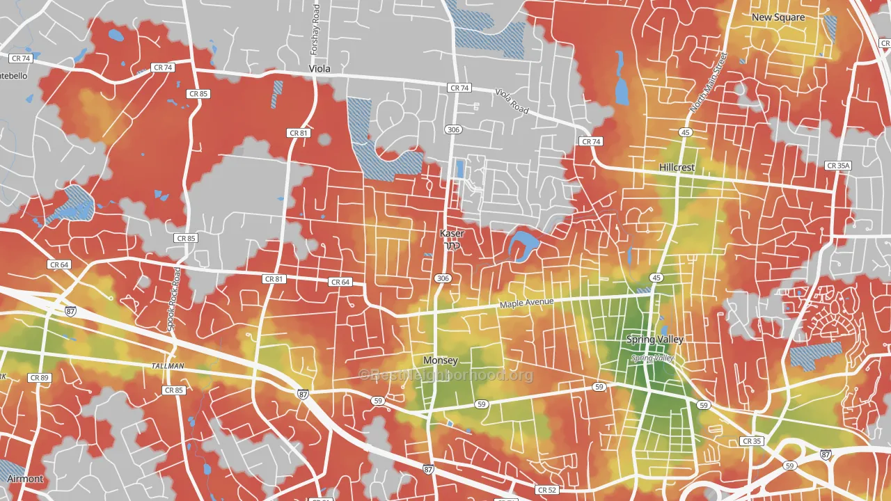 Walk Grade map of Kaser, NY, walkable areas in green and car-dependent areas in red