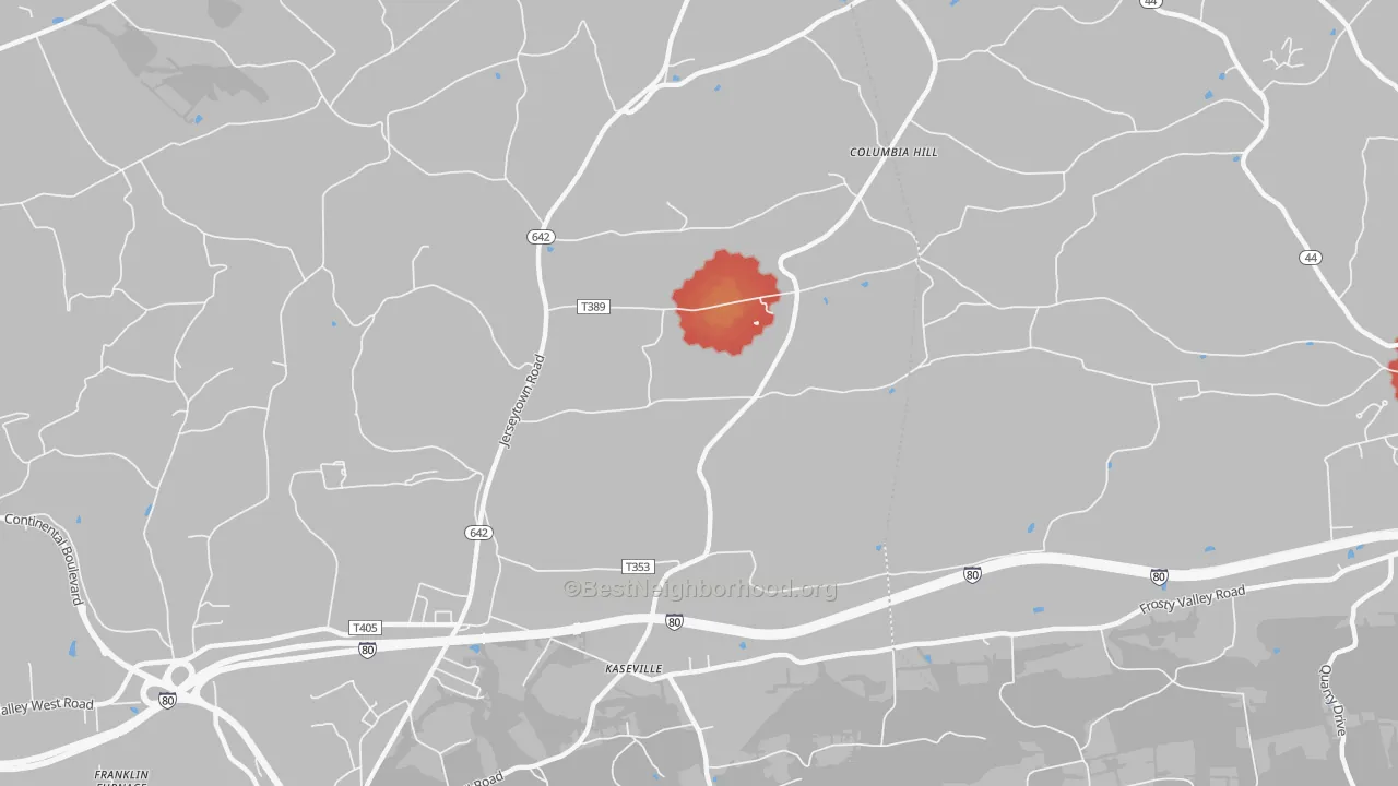 Walk Grade map of Kaseville, PA, walkable areas in green and car-dependent areas in red