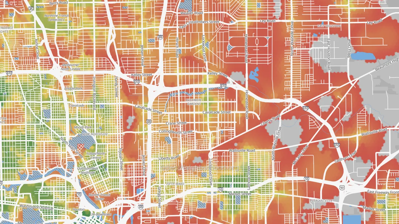 Walk Grade map of Kashmere Gardens, Houston, TX, walkable areas in green and car-dependent areas in red