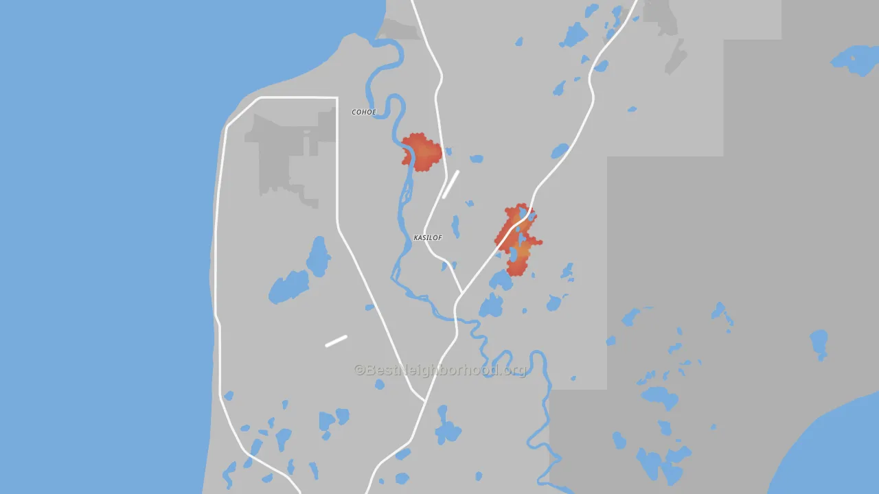 Walk Grade map of Kasilof, AK, walkable areas in green and car-dependent areas in red