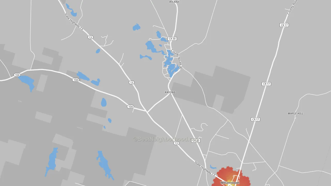 Walk Grade map of Kasoag, NY, walkable areas in green and car-dependent areas in red
