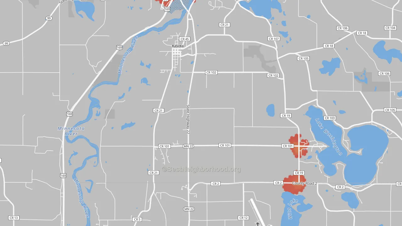 Walk Grade map of Kasota, MN, walkable areas in green and car-dependent areas in red