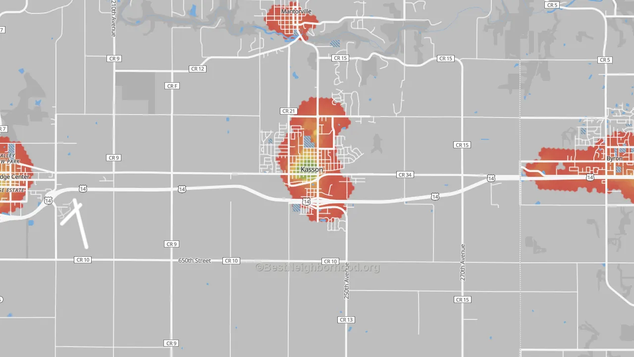 Walk Grade map of Kasson, MN, walkable areas in green and car-dependent areas in red