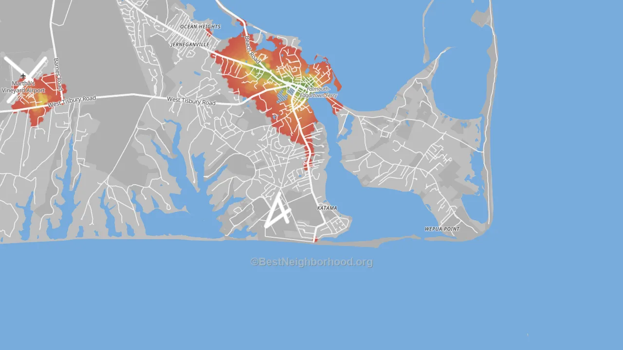 Walk Grade map of Katama, MA, walkable areas in green and car-dependent areas in red