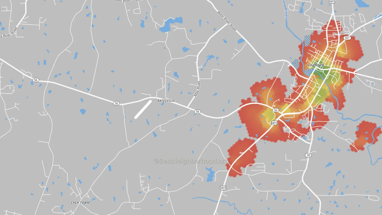 Walk Grade map of Katesville, NC, walkable areas in green and car-dependent areas in red