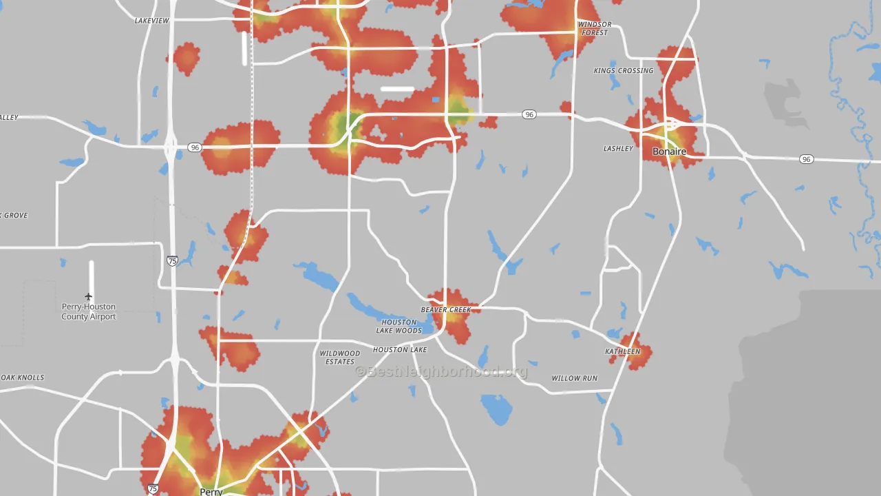 Walk Grade map of Kathleen, GA, walkable areas in green and car-dependent areas in red