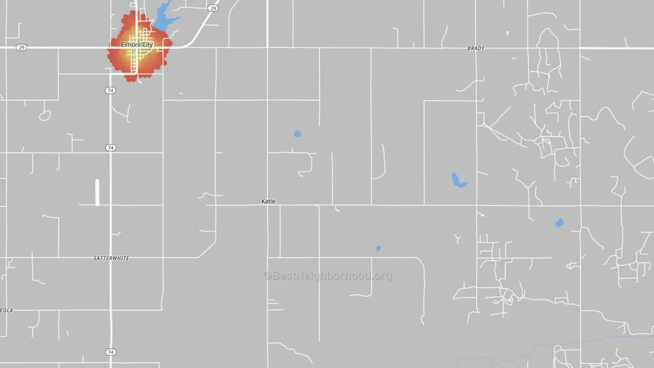 Walk Grade map of Katie, OK, walkable areas in green and car-dependent areas in red