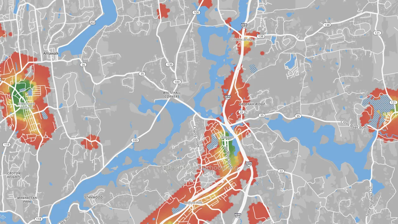 Walk Grade map of Katonah, NY, walkable areas in green and car-dependent areas in red