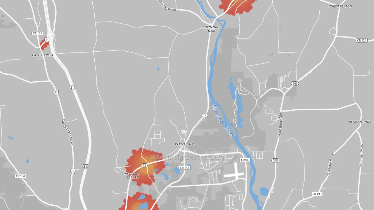 Walk Grade map of Kattelville, NY, walkable areas in green and car-dependent areas in red