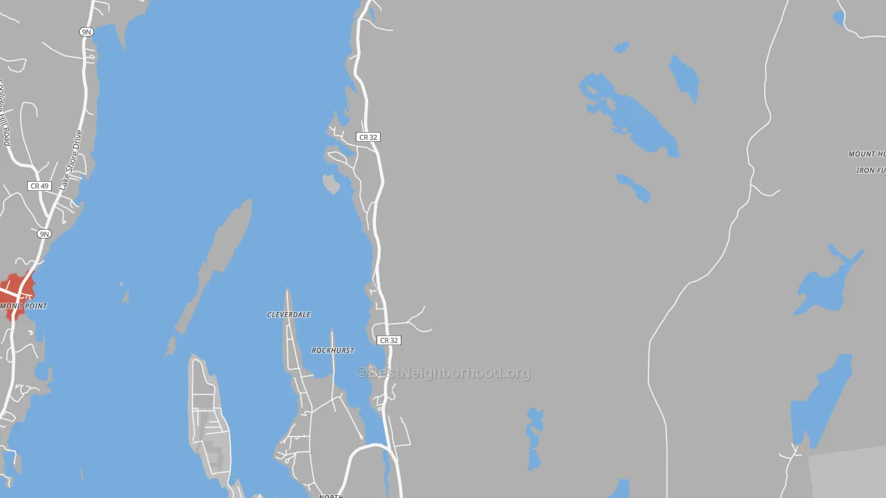 Walk Grade map of Kattskill Bay, NY, walkable areas in green and car-dependent areas in red
