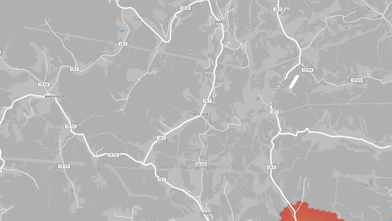 Walk Grade map of Katy Lick, WV, walkable areas in green and car-dependent areas in red