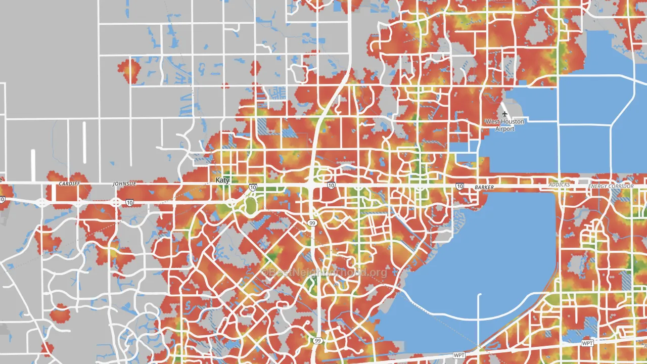 Walk Grade map of Katy, TX, walkable areas in green and car-dependent areas in red