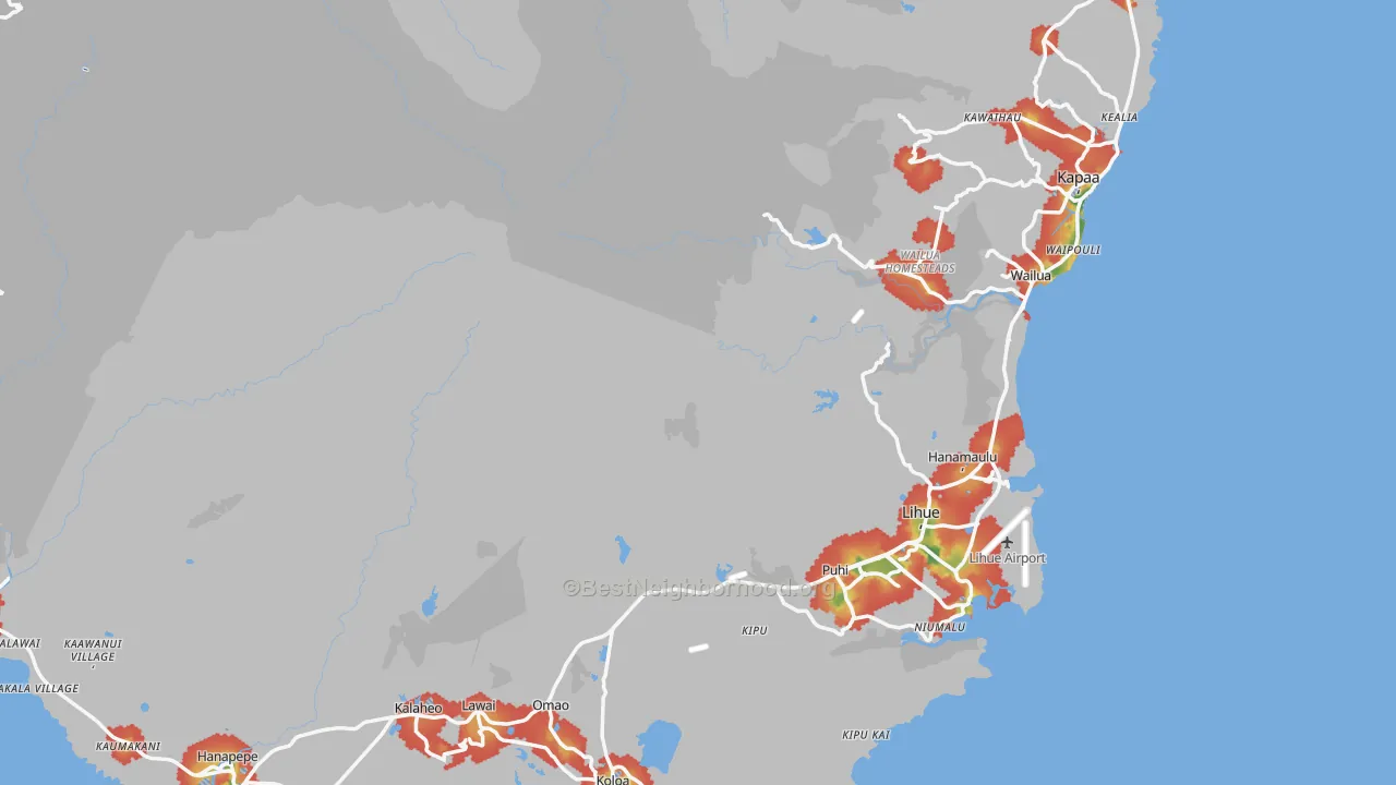 Walk Grade map of Kauai County, HI, walkable areas in green and car-dependent areas in red