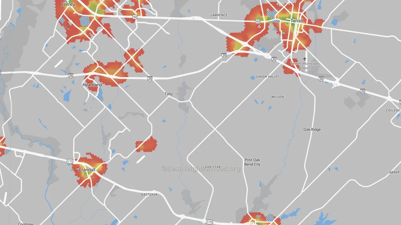 Walk Grade map of Kaufman County, TX, walkable areas in green and car-dependent areas in red