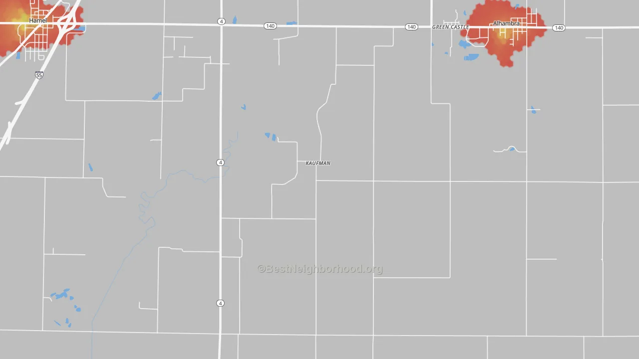Walk Grade map of Kaufman, IL, walkable areas in green and car-dependent areas in red