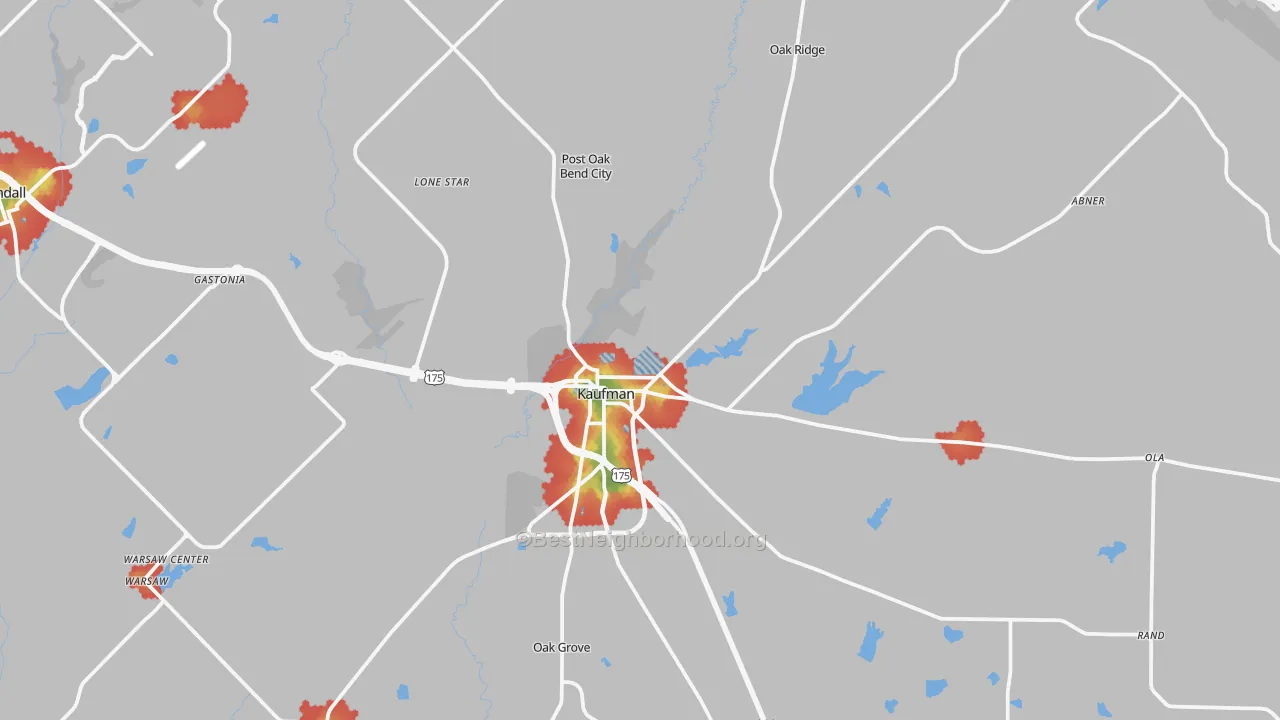 Walk Grade map of Kaufman, TX, walkable areas in green and car-dependent areas in red
