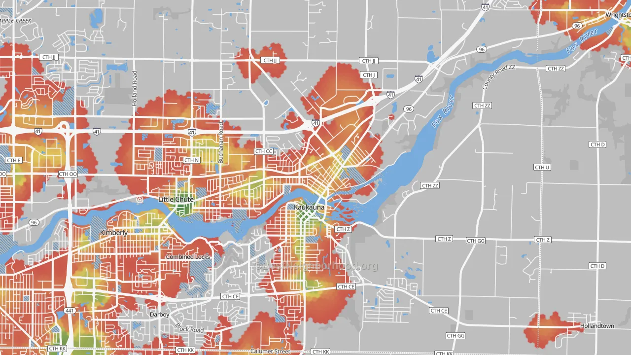 Walk Grade map of Kaukauna, WI, walkable areas in green and car-dependent areas in red