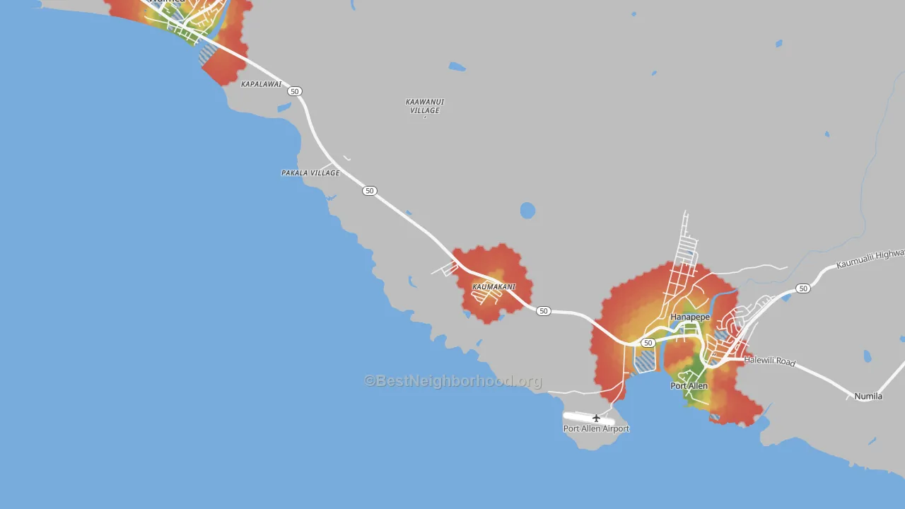 Walk Grade map of Kaumakani, HI, walkable areas in green and car-dependent areas in red