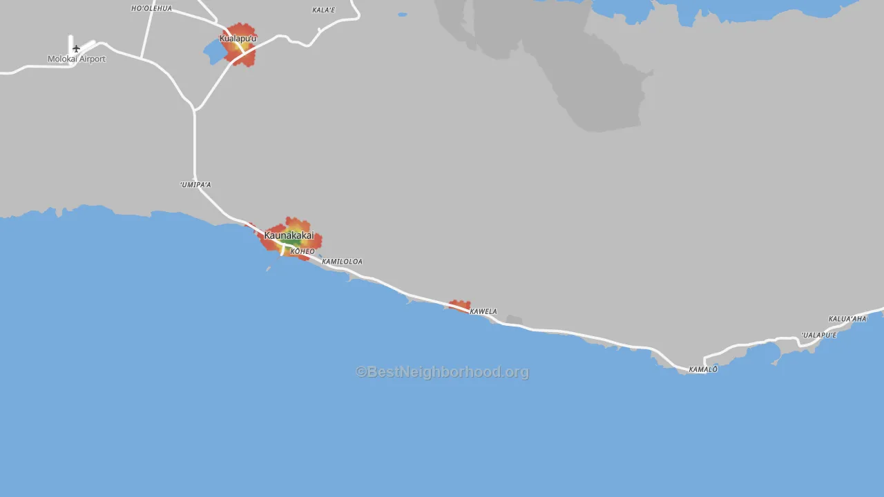 Walk Grade map of Kaunakakai, HI, walkable areas in green and car-dependent areas in red
