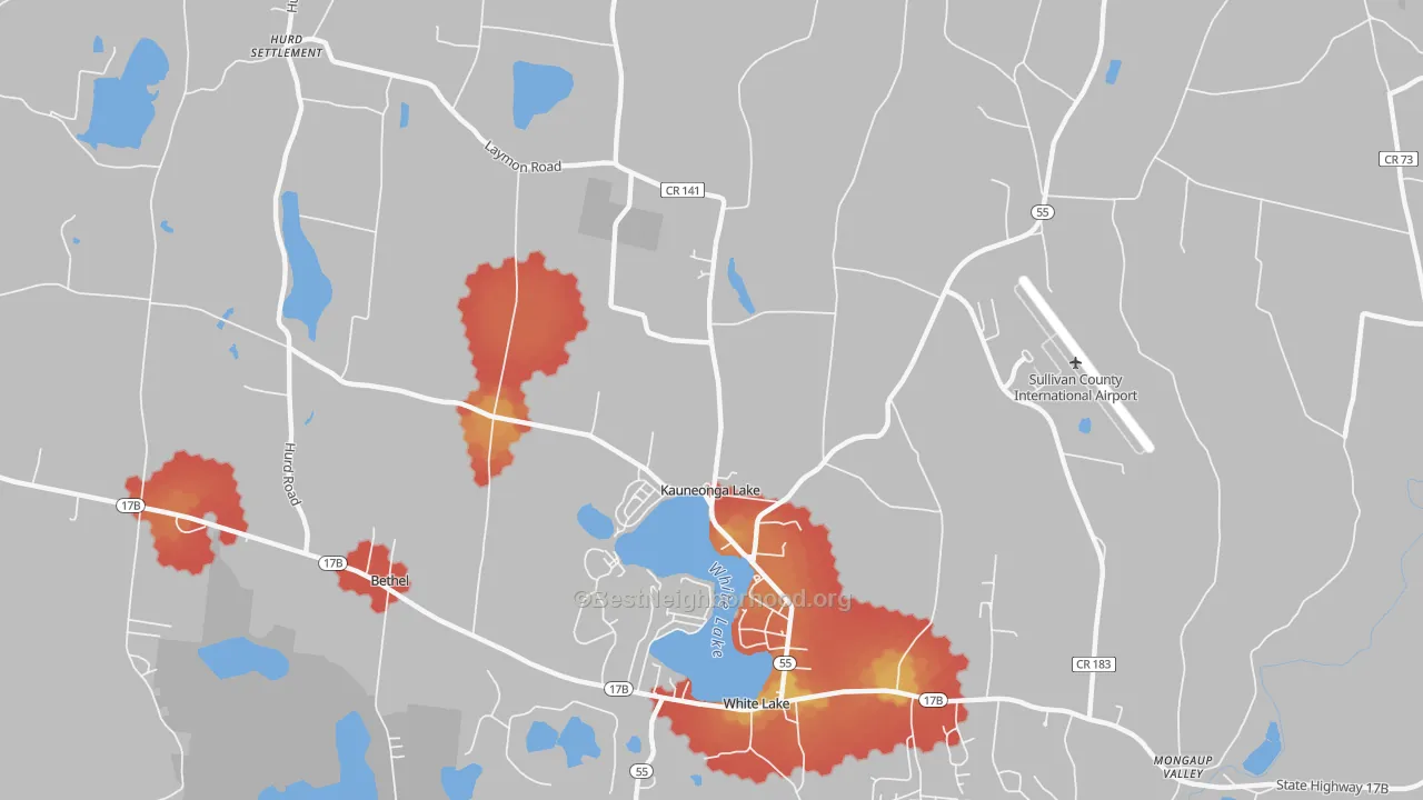 Walk Grade map of Kauneonga Lake, NY, walkable areas in green and car-dependent areas in red